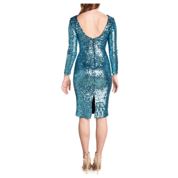 Dress the Population Emery Dress Ice Blue Sequin Long Sleeve Metallic Cocktail - Picture 6 of 17